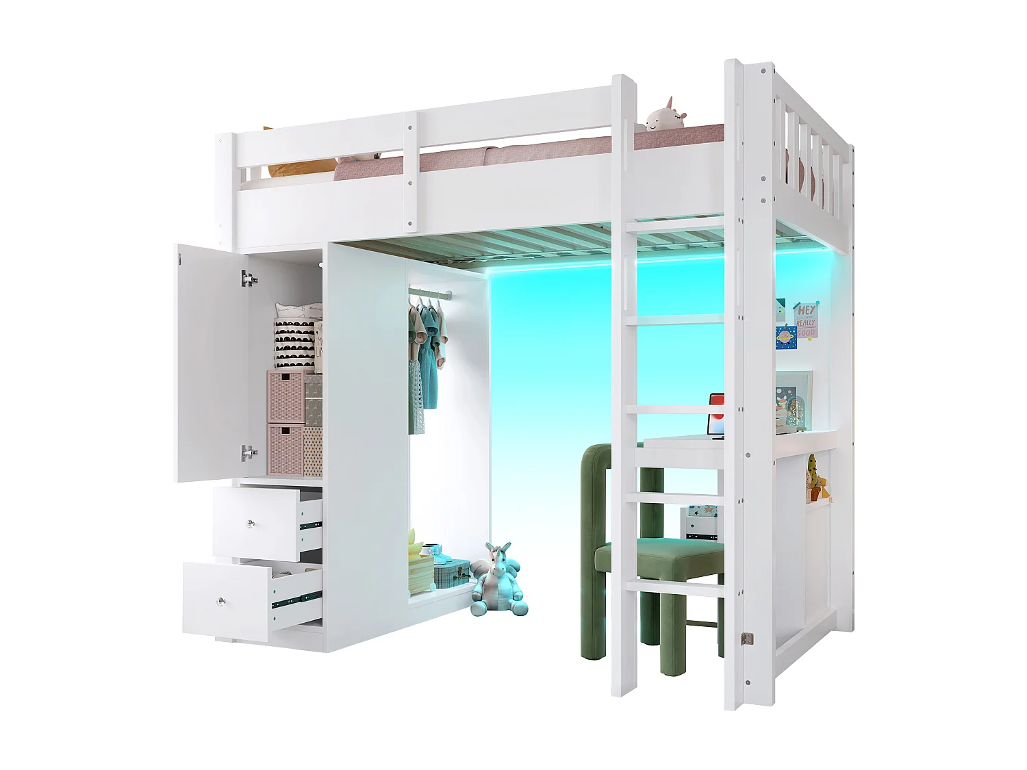 Lit mezzanine enfant - 90 x 200 cm - avec 4 tiroirs + armoir + bureau + Leds et USB - bois + MDF - blanc