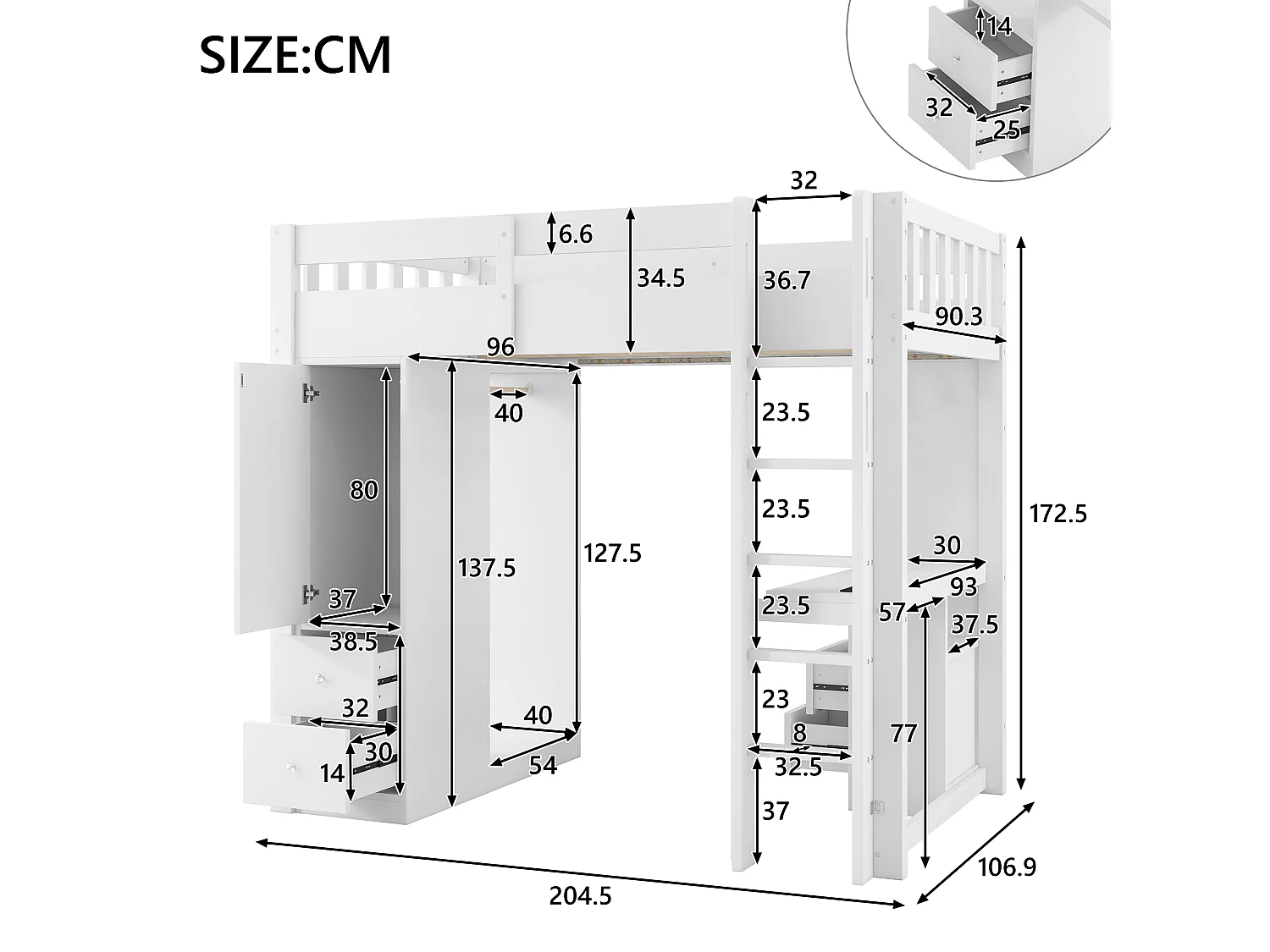 Lit mezzanine enfant - 90 x 200 cm - avec 4 tiroirs + armoir + bureau + Leds et USB - bois + MDF - blanc