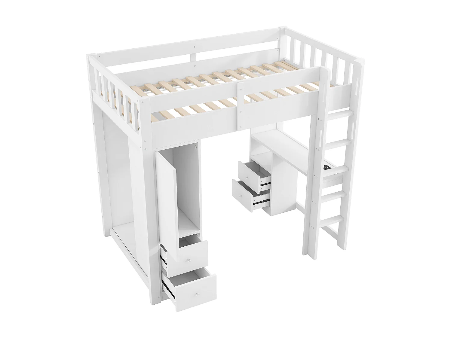 Lit mezzanine enfant - 90 x 200 cm - avec 4 tiroirs + armoir + bureau + Leds et USB - bois + MDF - blanc