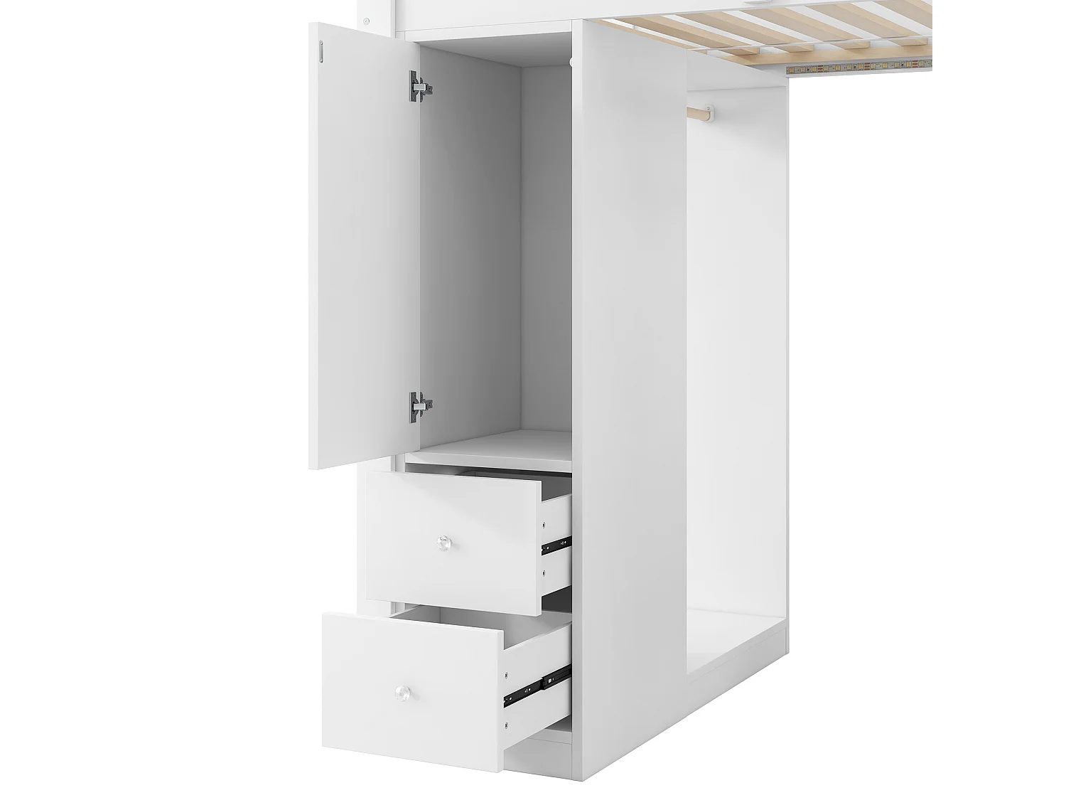 Lit mezzanine enfant - 90 x 200 cm - avec 4 tiroirs + armoir + bureau + Leds et USB - bois + MDF - blanc