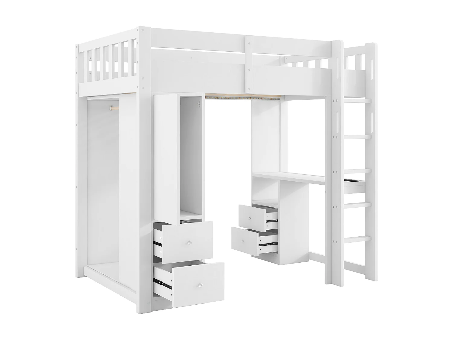 Lit mezzanine enfant - 90 x 200 cm - avec 4 tiroirs + armoir + bureau + Leds et USB - bois + MDF - blanc
