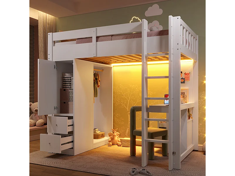 Kinderhochbett - 90 x 200 cm - mit 4 Schubladen + Kleiderschrank + Schreibtisch + LEDs und USB - Holz + MDF - weiß