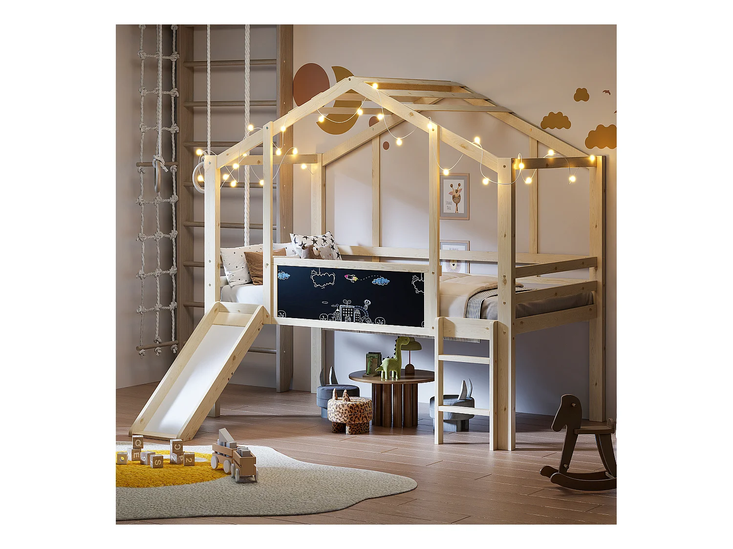 Cama alta infantil - 90 x 200 cm - con escalera de seguridad + tobogán + panel de grafiti - madera - natural