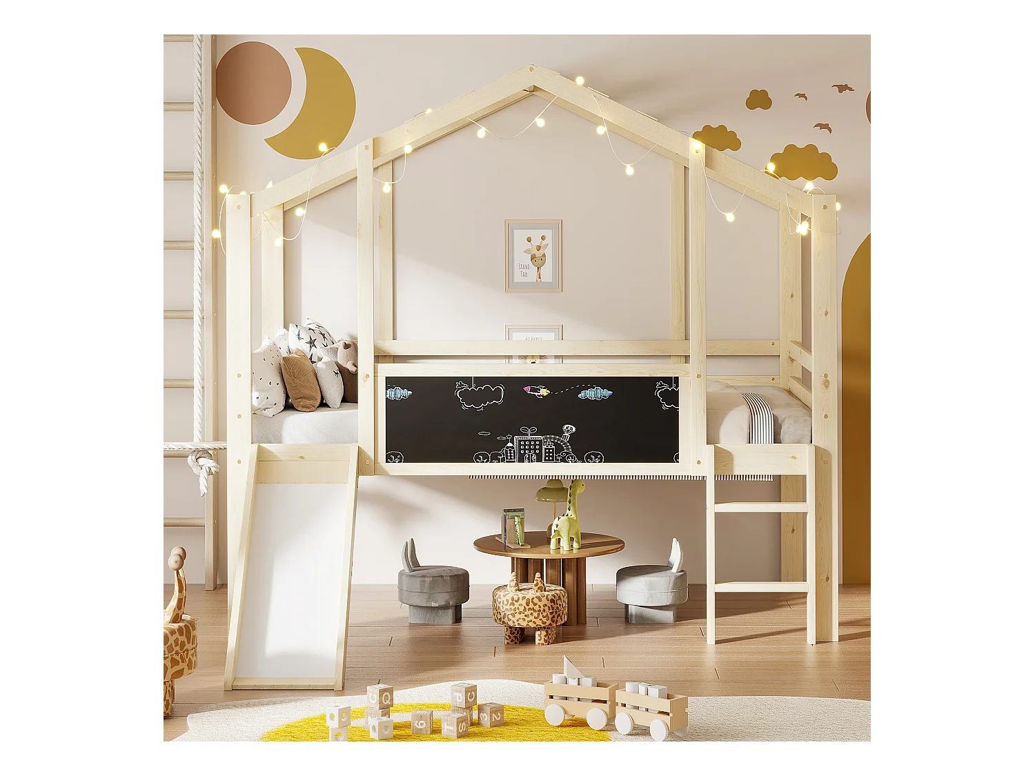 Cama alta infantil - 90 x 200 cm - con escalera de seguridad + tobogán + panel de grafiti - madera - natural