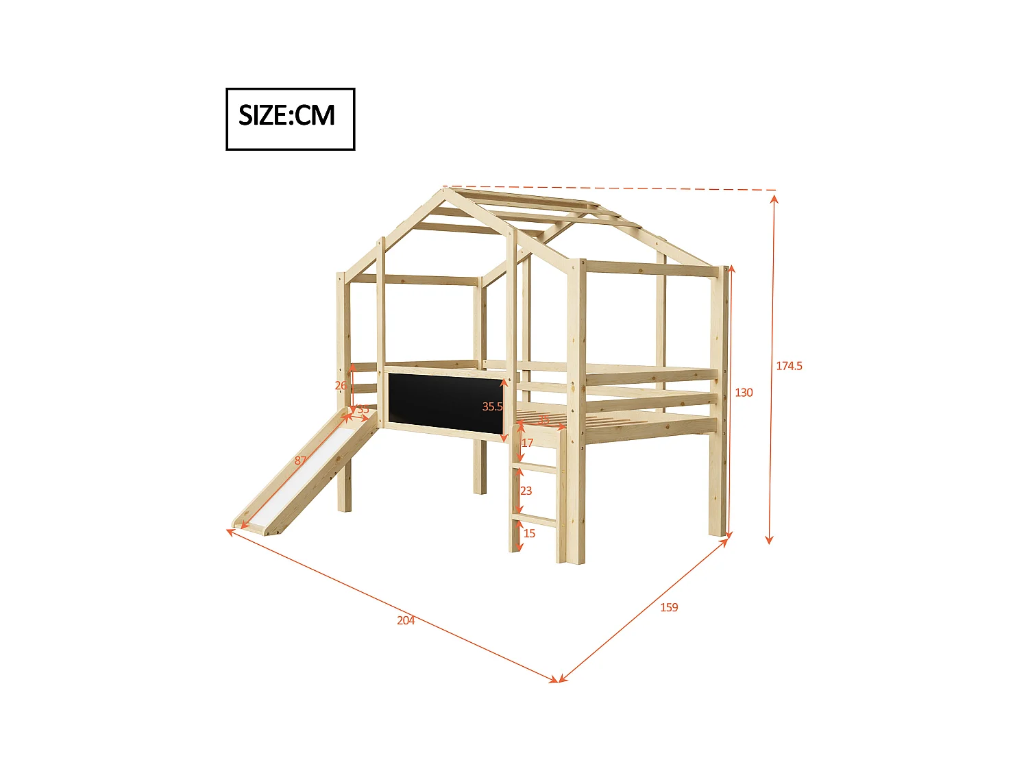 Cama alta infantil - 90 x 200 cm - con escalera de seguridad + tobogán + panel de grafiti - madera - natural