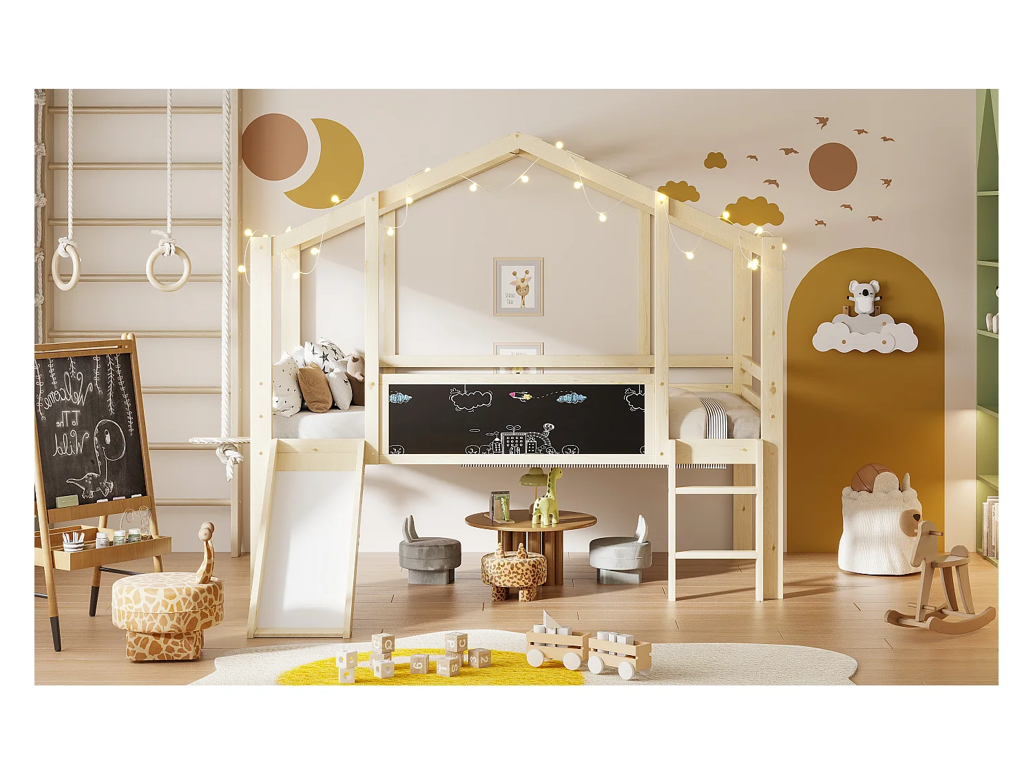 Cama alta infantil - 90 x 200 cm - con escalera de seguridad + tobogán + panel de grafiti - madera - natural