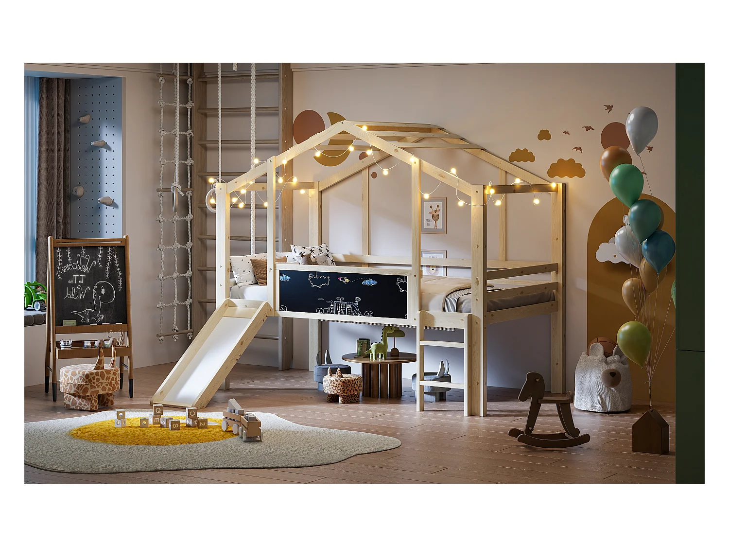 Cama alta infantil - 90 x 200 cm - con escalera de seguridad + tobogán + panel de grafiti - madera - natural