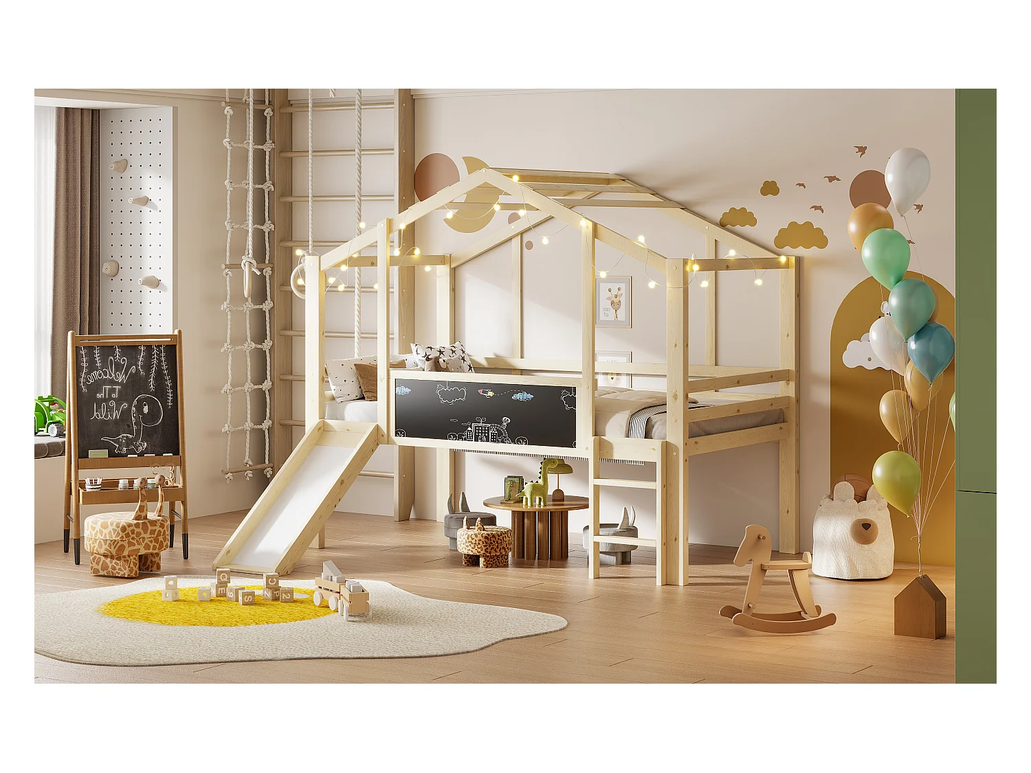 Cama alta infantil - 90 x 200 cm - con escalera de seguridad + tobogán + panel de grafiti - madera - natural