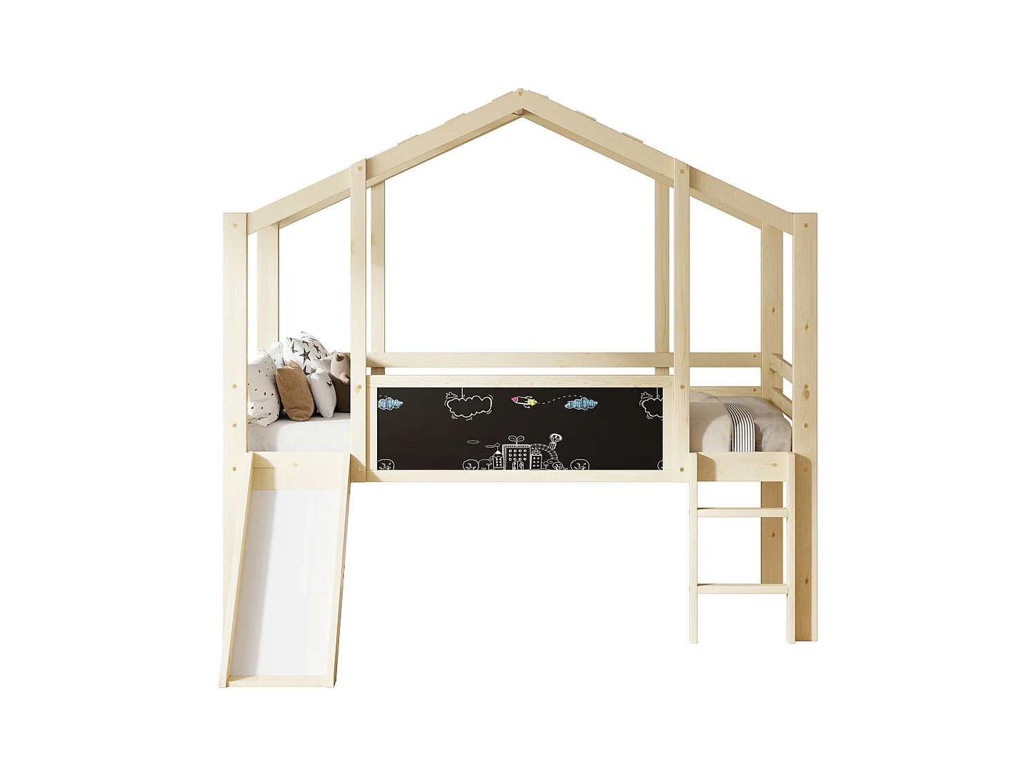 Cama alta infantil - 90 x 200 cm - con escalera de seguridad + tobogán + panel de grafiti - madera - natural