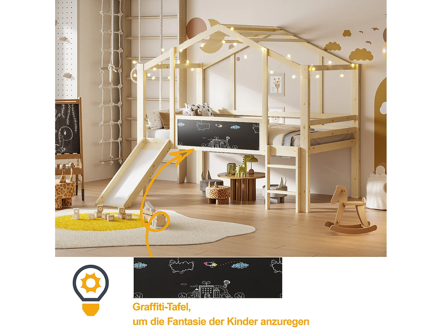 Kinderhochbett - 90 x 200 cm - mit Sicherheitsleiter + Rutsche + Graffitiplatte - Holz - Natur