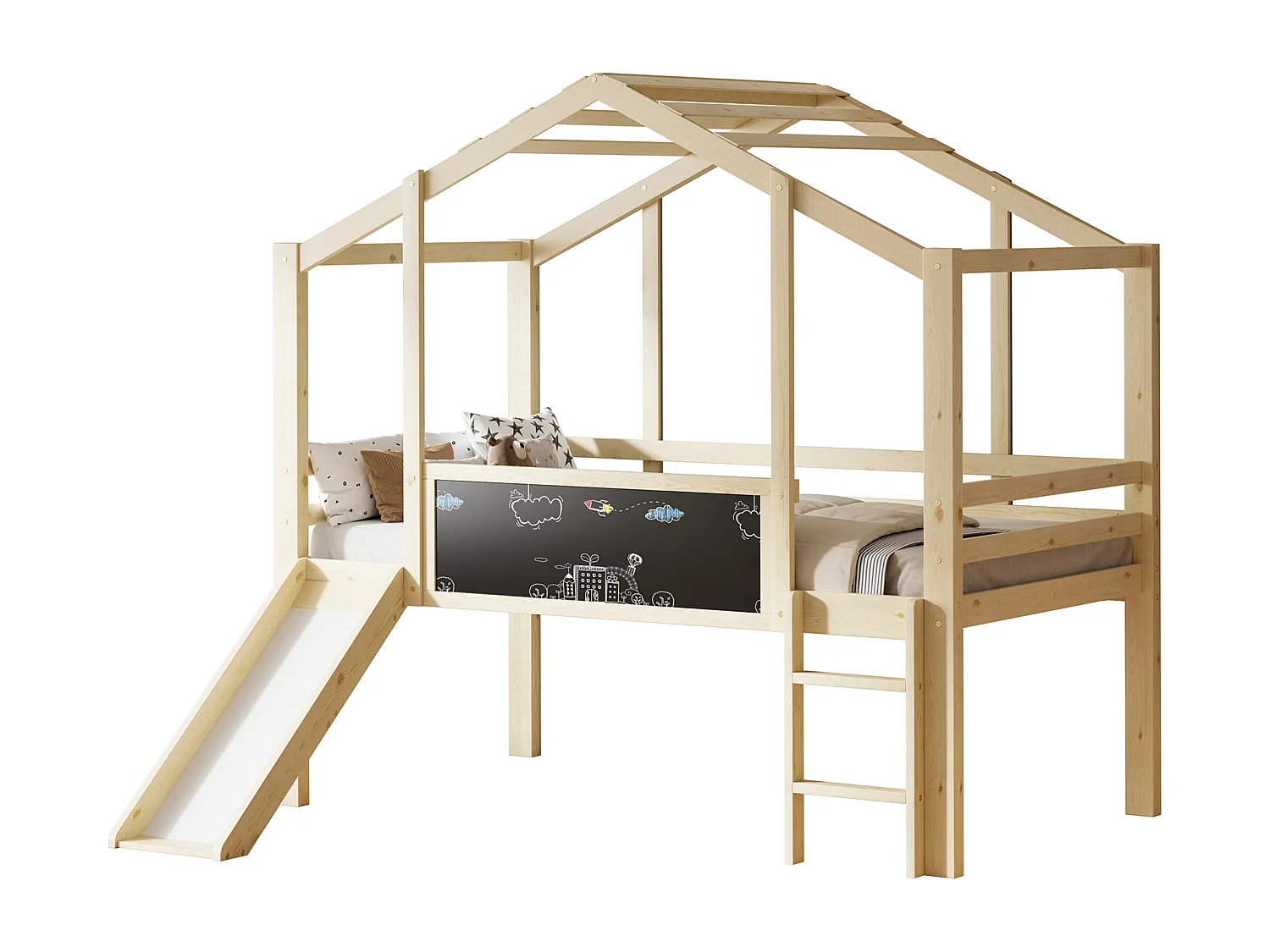 Kinderhochbett - 90 x 200 cm - mit Sicherheitsleiter + Rutsche + Graffitiplatte - Holz - Natur