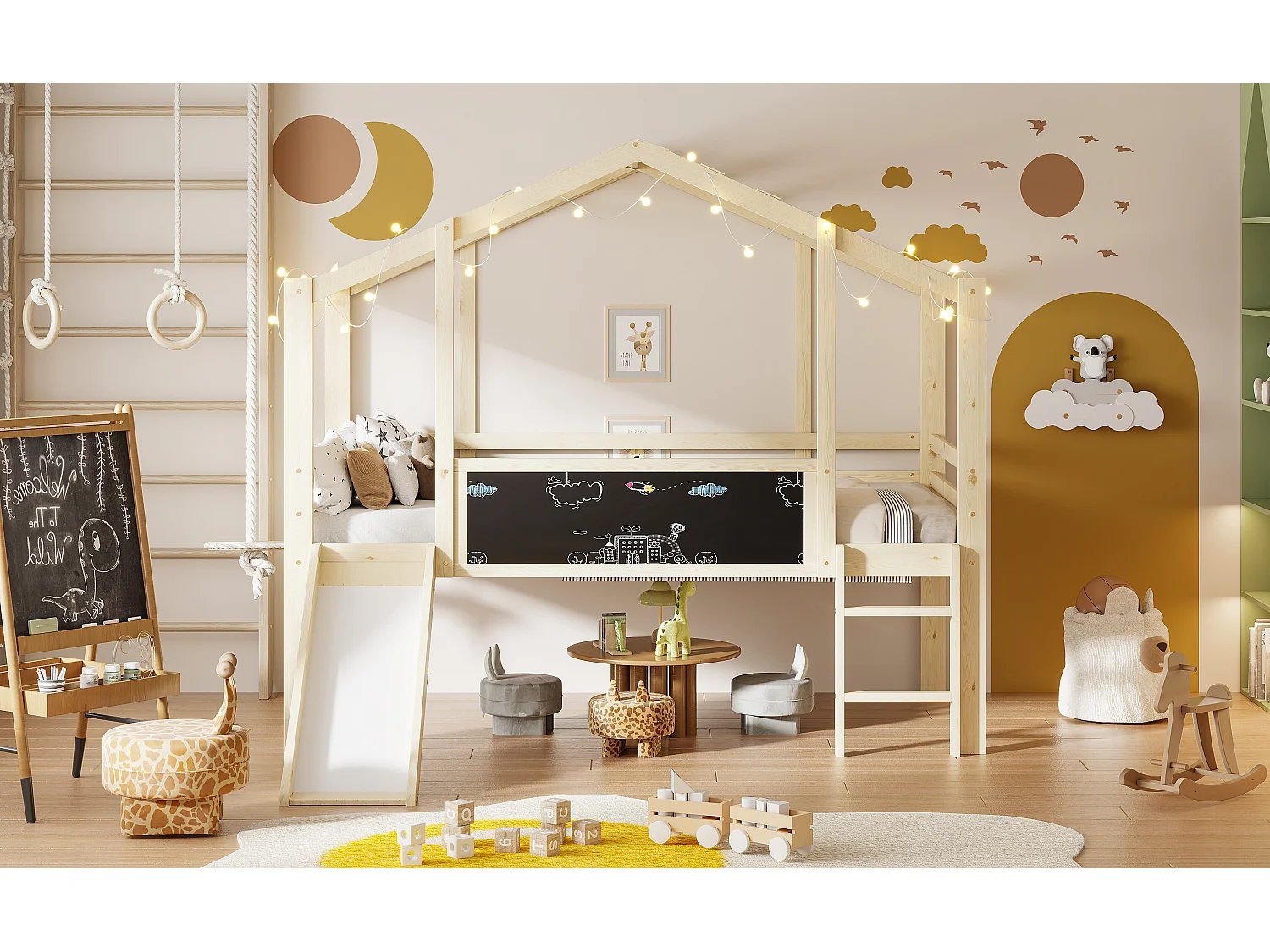 Kinderhochbett - 90 x 200 cm - mit Sicherheitsleiter + Rutsche + Graffitiplatte - Holz - Natur