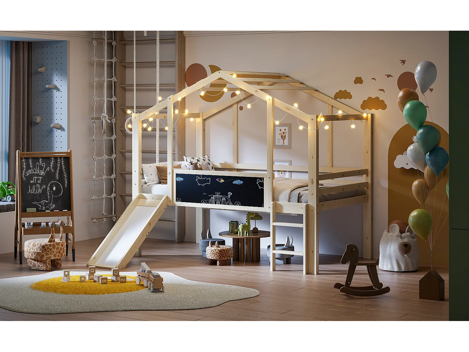 Kinderhochbett - 90 x 200 cm - mit Sicherheitsleiter + Rutsche + Graffitiplatte - Holz - Natur