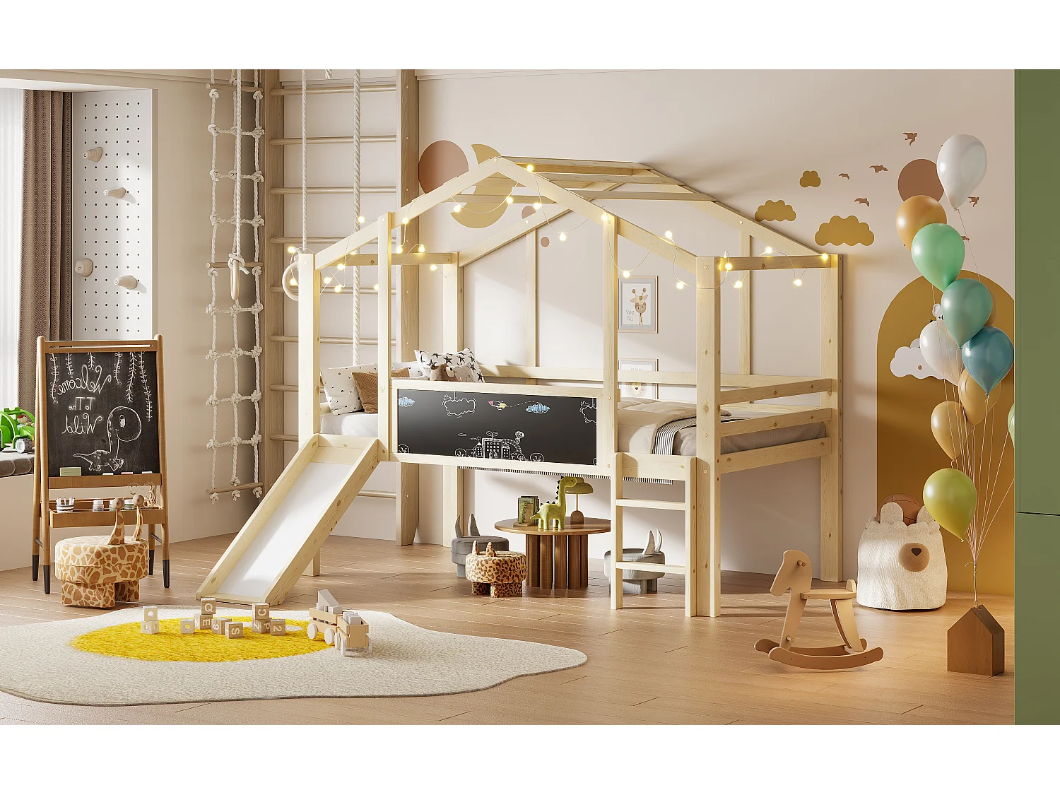 Kinderhochbett - 90 x 200 cm - mit Sicherheitsleiter + Rutsche + Graffitiplatte - Holz - Natur