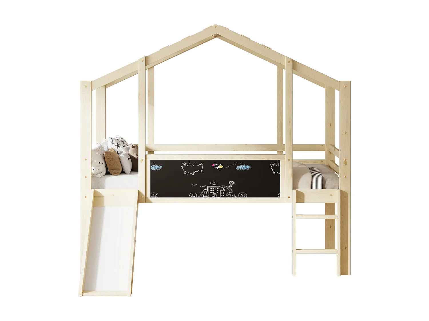 Kinderhochbett - 90 x 200 cm - mit Sicherheitsleiter + Rutsche + Graffitiplatte - Holz - Natur