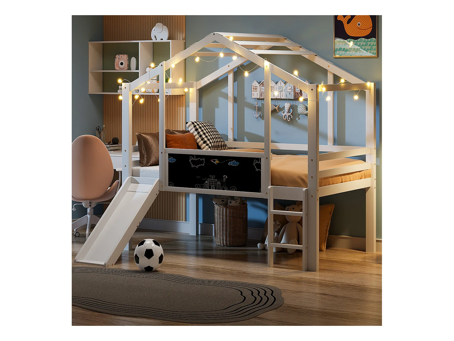 Kinderhochbett - 90 x 200 cm - mit Sicherheitsleiter + Rutsche + Graffiti-Paneel - Holz - weiß