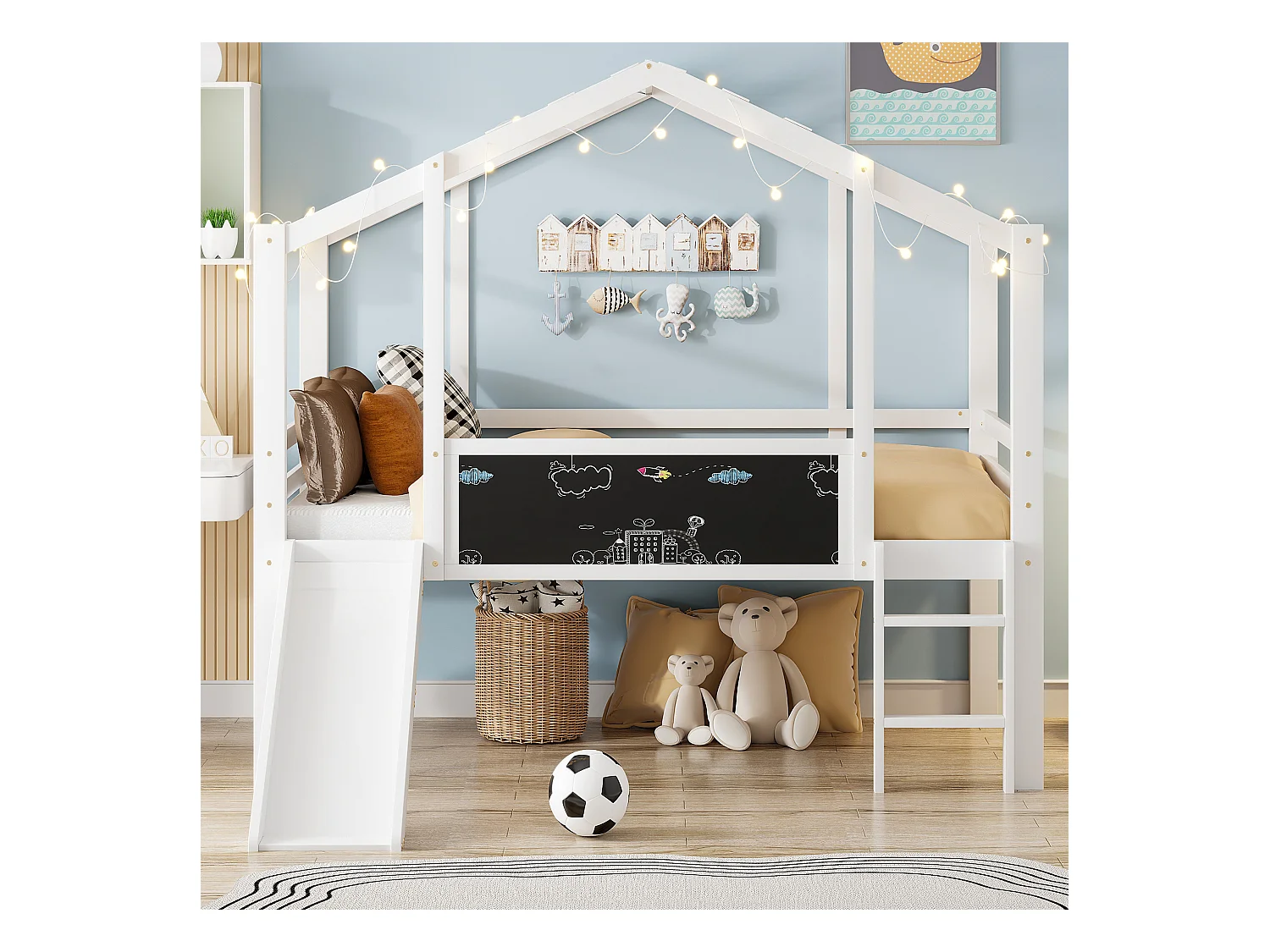 Kinderhochbett - 90 x 200 cm - mit Sicherheitsleiter + Rutsche + Graffiti-Paneel - Holz - weiß