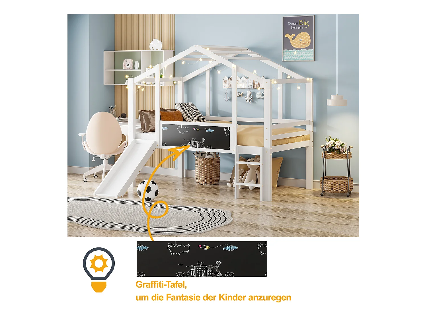 Kinderhochbett - 90 x 200 cm - mit Sicherheitsleiter + Rutsche + Graffiti-Paneel - Holz - weiß