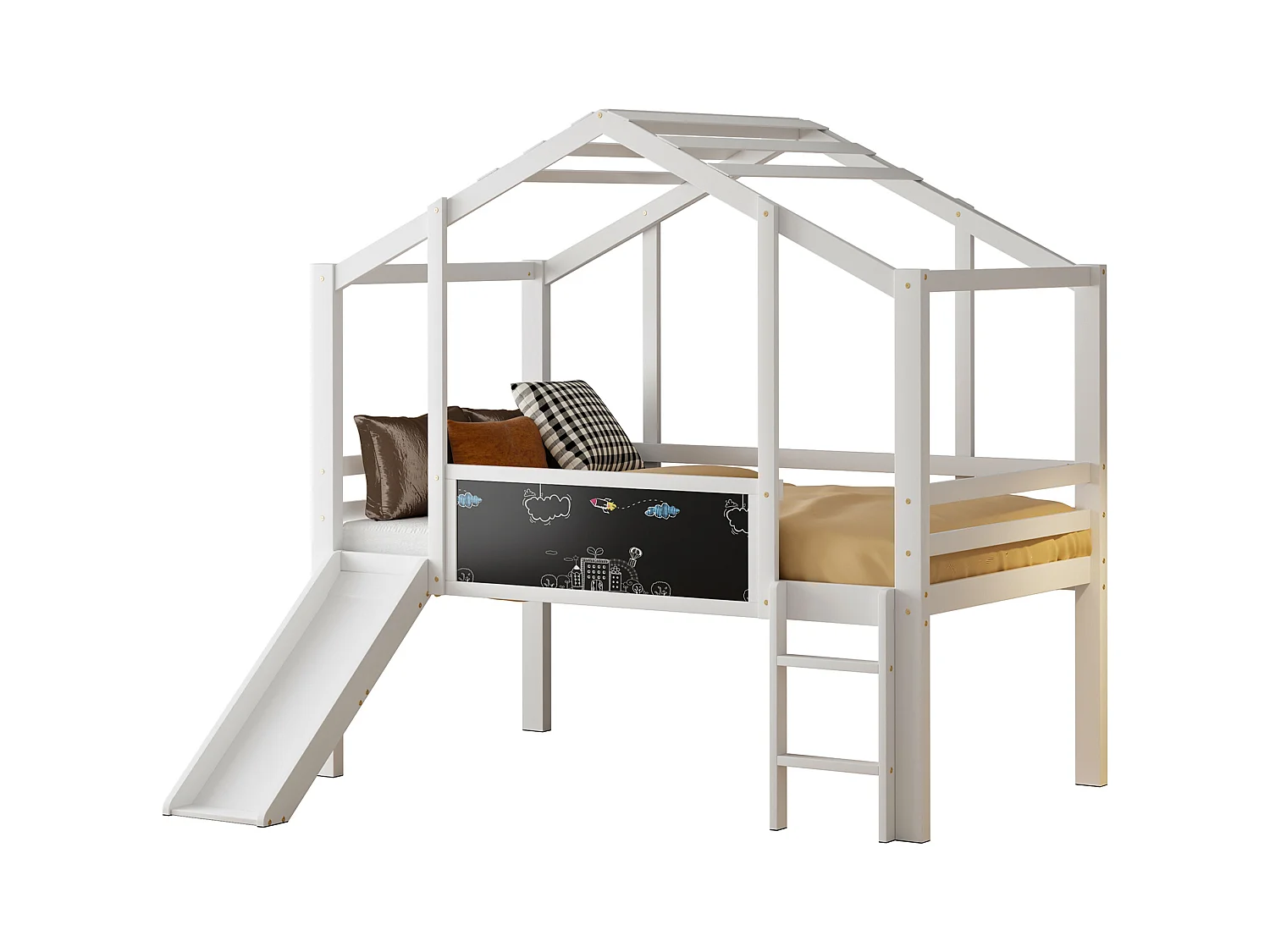 Kinderhochbett - 90 x 200 cm - mit Sicherheitsleiter + Rutsche + Graffiti-Paneel - Holz - weiß