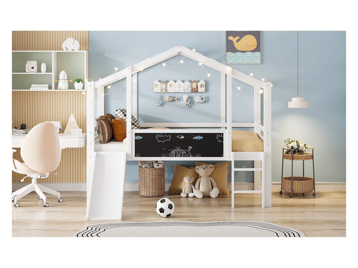 Kinderhochbett - 90 x 200 cm - mit Sicherheitsleiter + Rutsche + Graffiti-Paneel - Holz - weiß