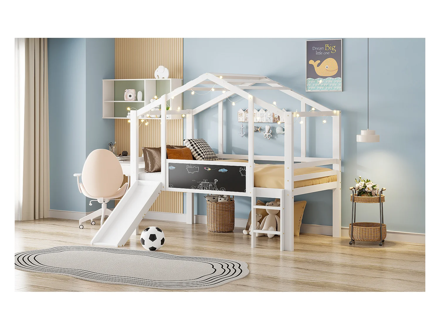 Kinderhochbett - 90 x 200 cm - mit Sicherheitsleiter + Rutsche + Graffiti-Paneel - Holz - weiß