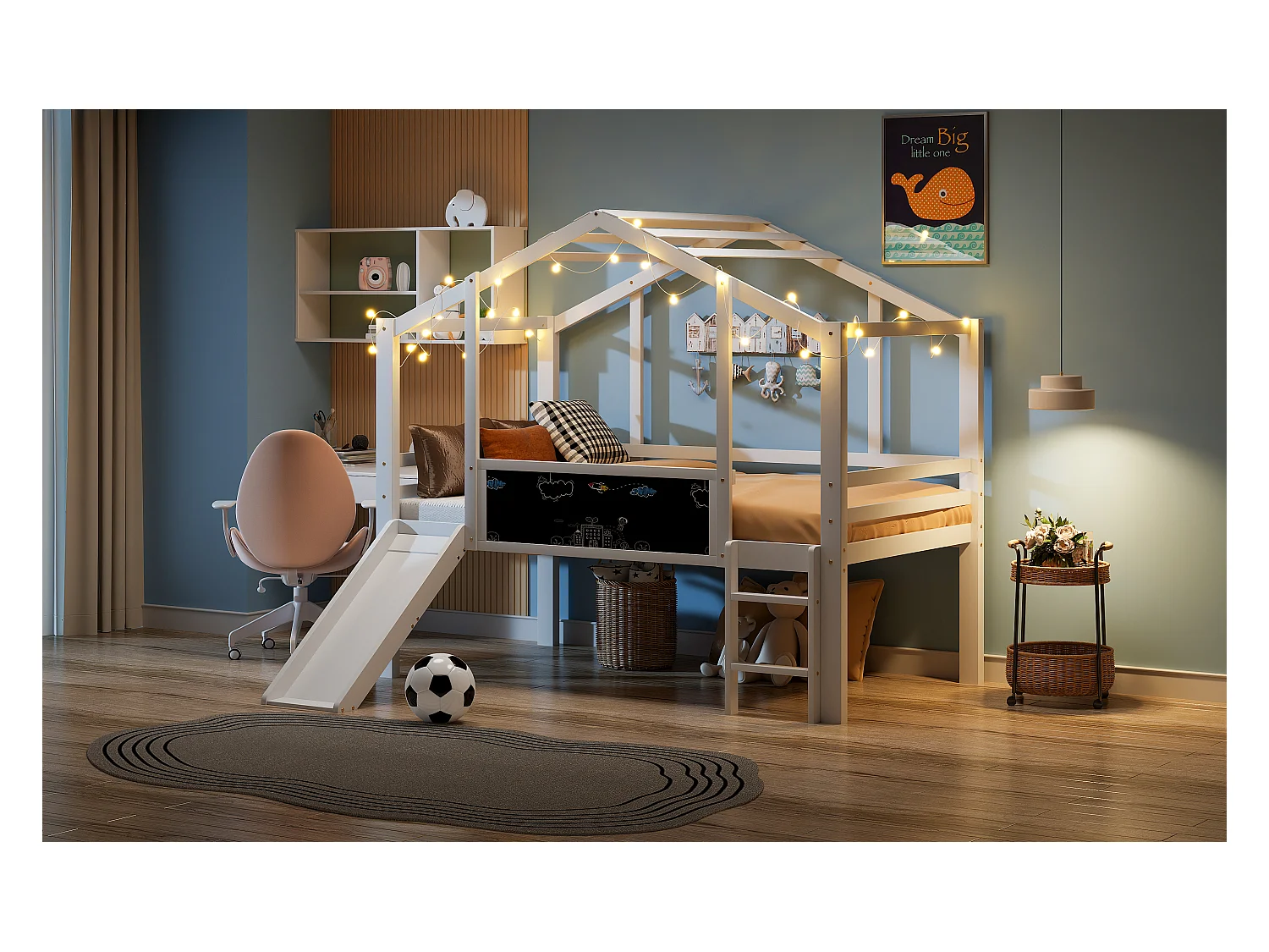 Kinderhochbett - 90 x 200 cm - mit Sicherheitsleiter + Rutsche + Graffiti-Paneel - Holz - weiß