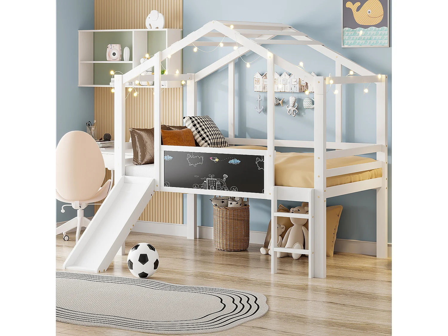 Lit mezzanine pour enfant - 90 x 200 cm - avec échelle de sécurité + toboggan + panneau graffiti - bois - blanc