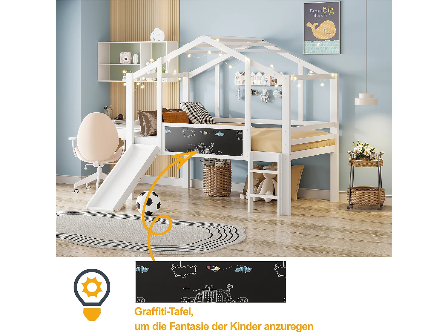 Lit mezzanine pour enfant - 90 x 200 cm - avec échelle de sécurité + toboggan + panneau graffiti - bois - blanc