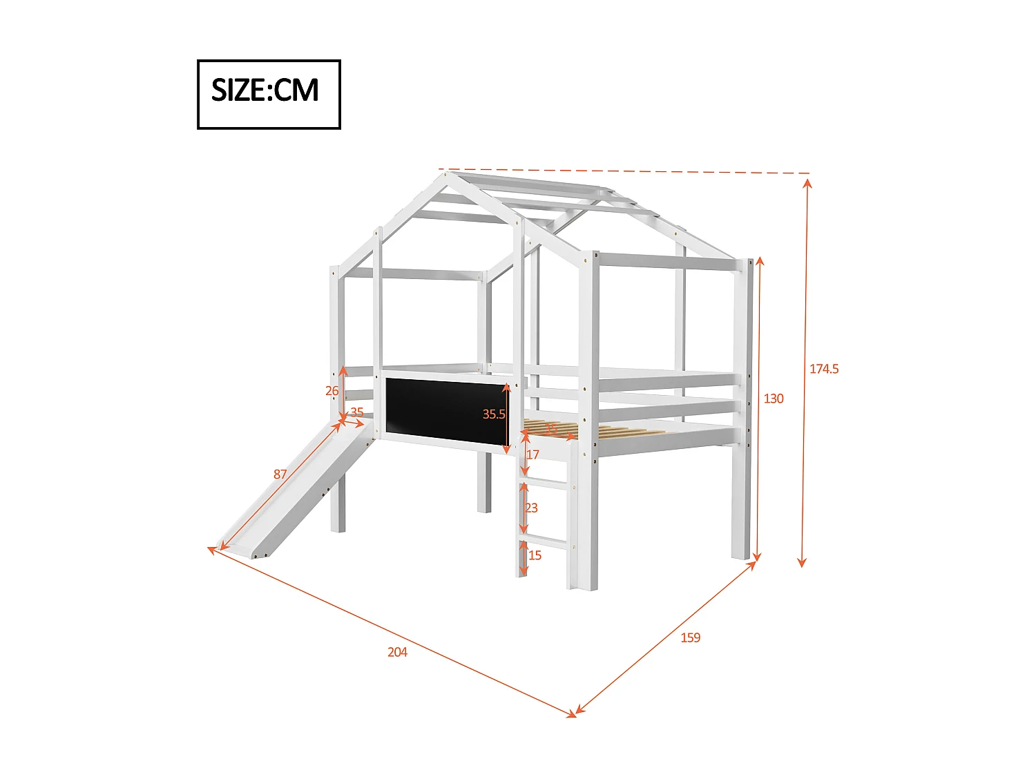 Lit mezzanine pour enfant - 90 x 200 cm - avec échelle de sécurité + toboggan + panneau graffiti - bois - blanc