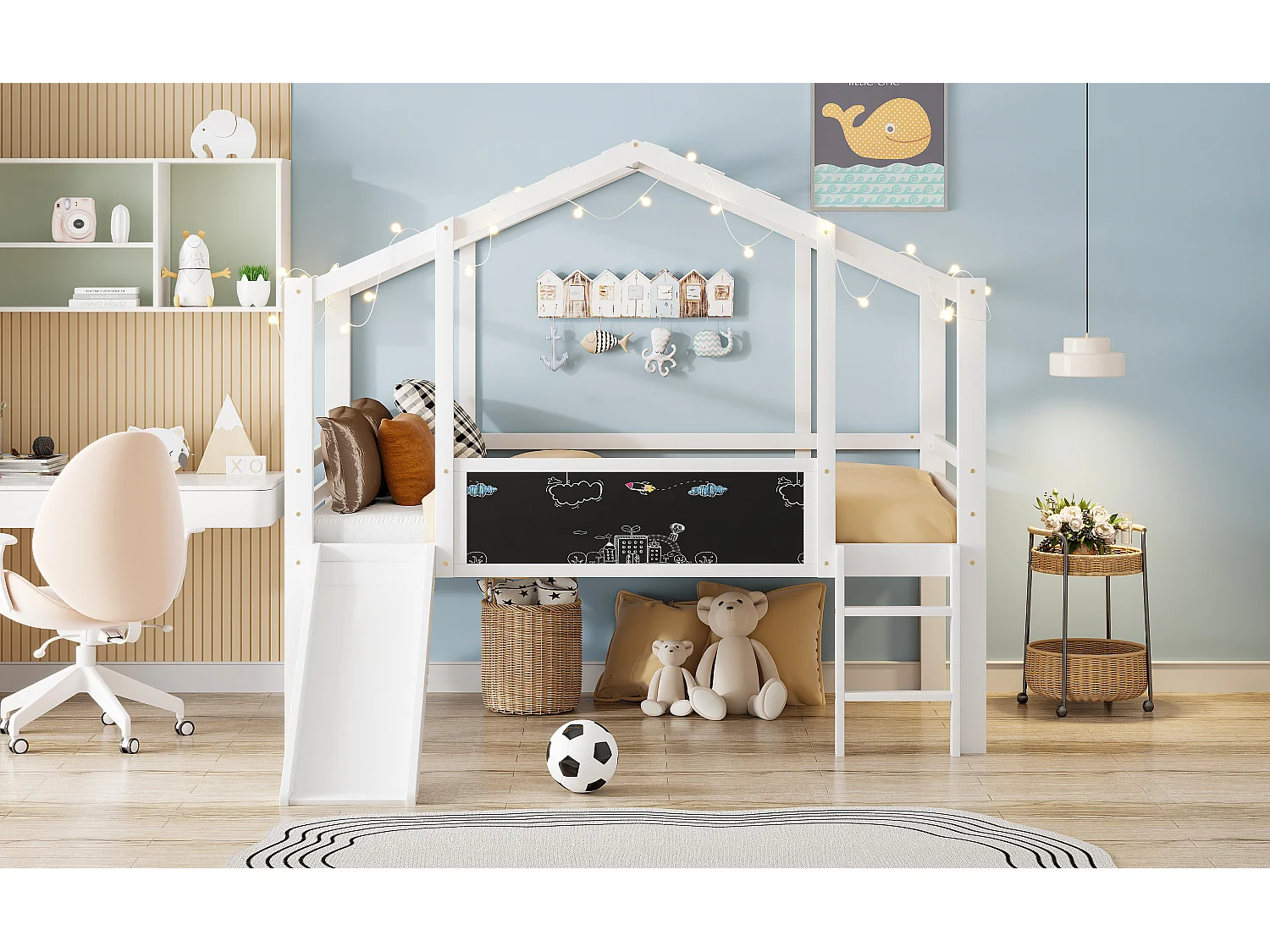 Lit mezzanine pour enfant - 90 x 200 cm - avec échelle de sécurité + toboggan + panneau graffiti - bois - blanc