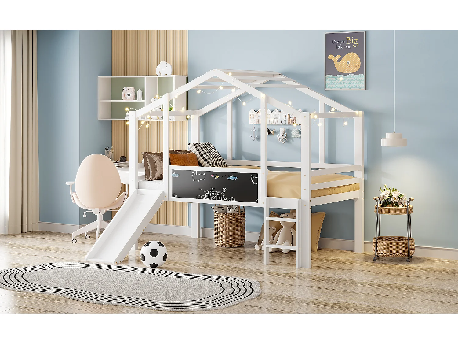 Lit mezzanine pour enfant - 90 x 200 cm - avec échelle de sécurité + toboggan + panneau graffiti - bois - blanc