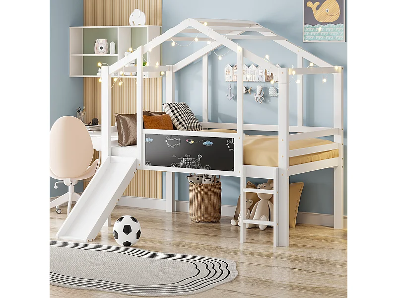 Kinderhoogslaper - 90 x 200 cm - met veiligheidsladder + glijbaan + graffitipaneel - hout - wit