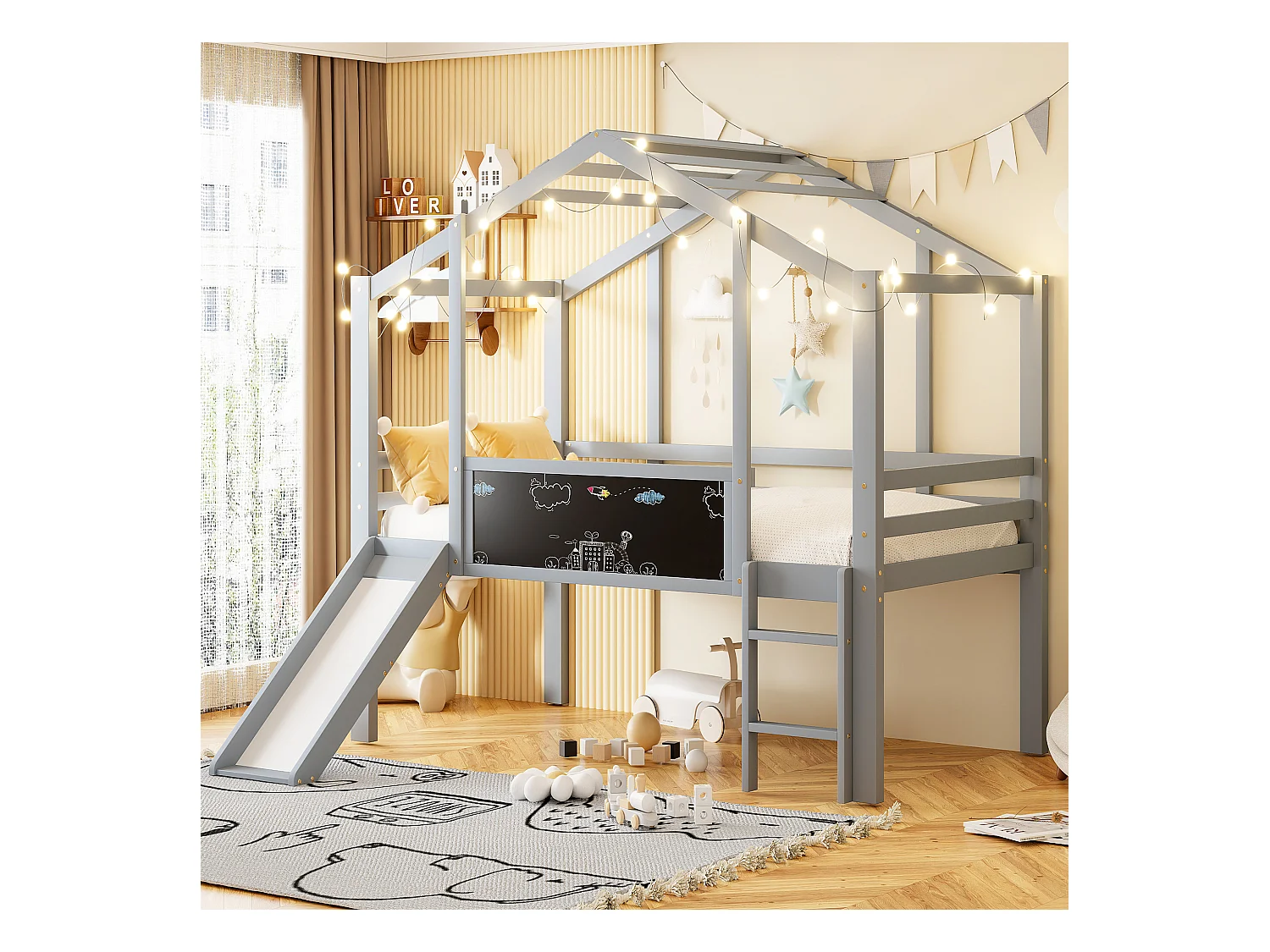 Lit mezzanine pour enfant - 90 x 200 cm - avec échelle de sécurité + toboggan + panneau graffiti - bois - gris