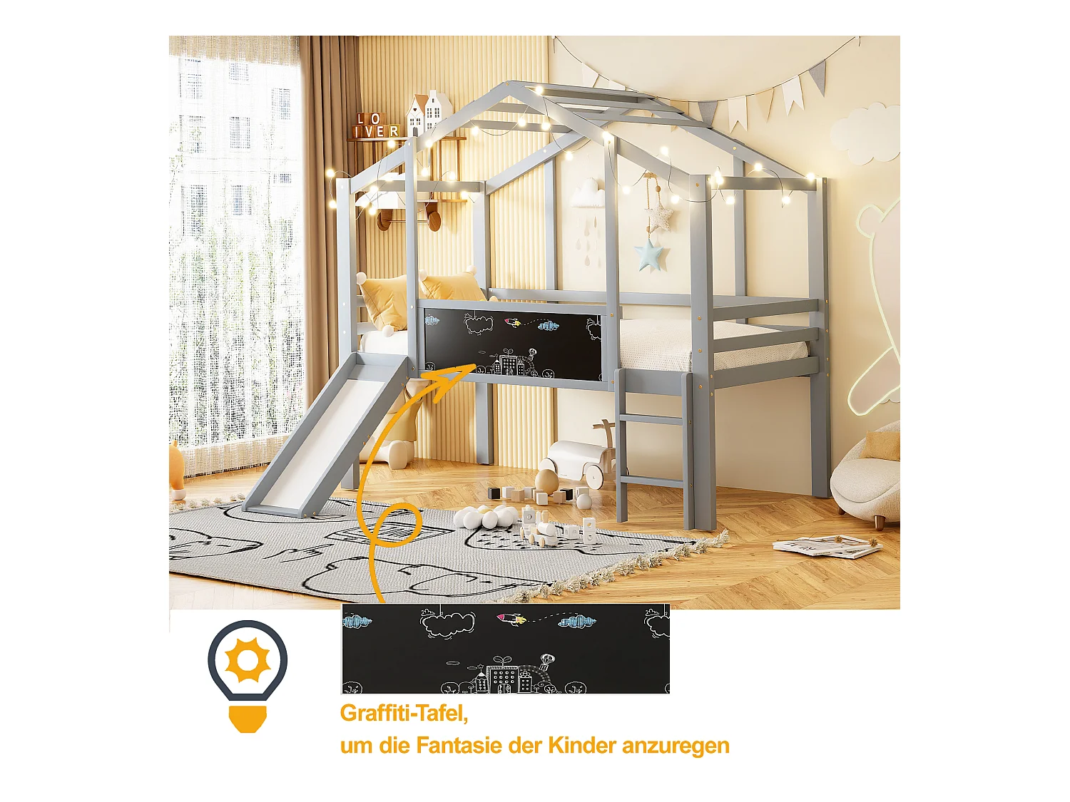 Lit mezzanine pour enfant - 90 x 200 cm - avec échelle de sécurité + toboggan + panneau graffiti - bois - gris