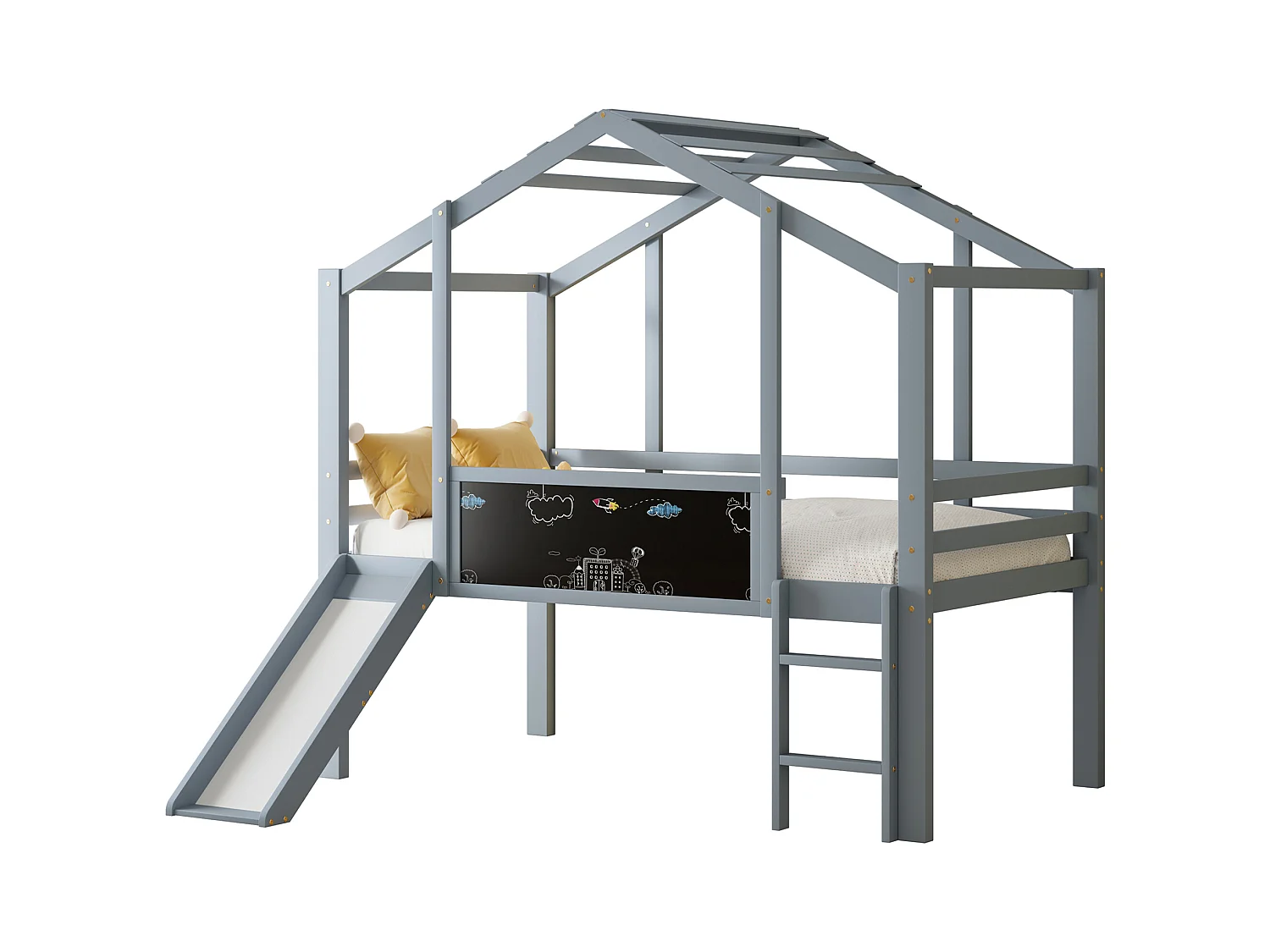 Lit mezzanine pour enfant - 90 x 200 cm - avec échelle de sécurité + toboggan + panneau graffiti - bois - gris