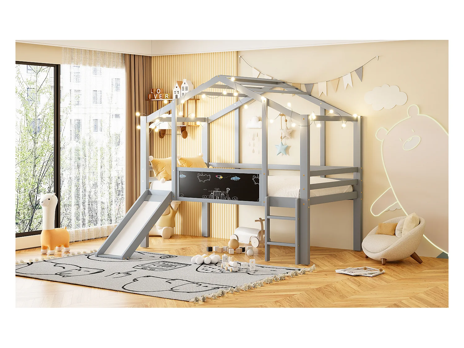 Lit mezzanine pour enfant - 90 x 200 cm - avec échelle de sécurité + toboggan + panneau graffiti - bois - gris