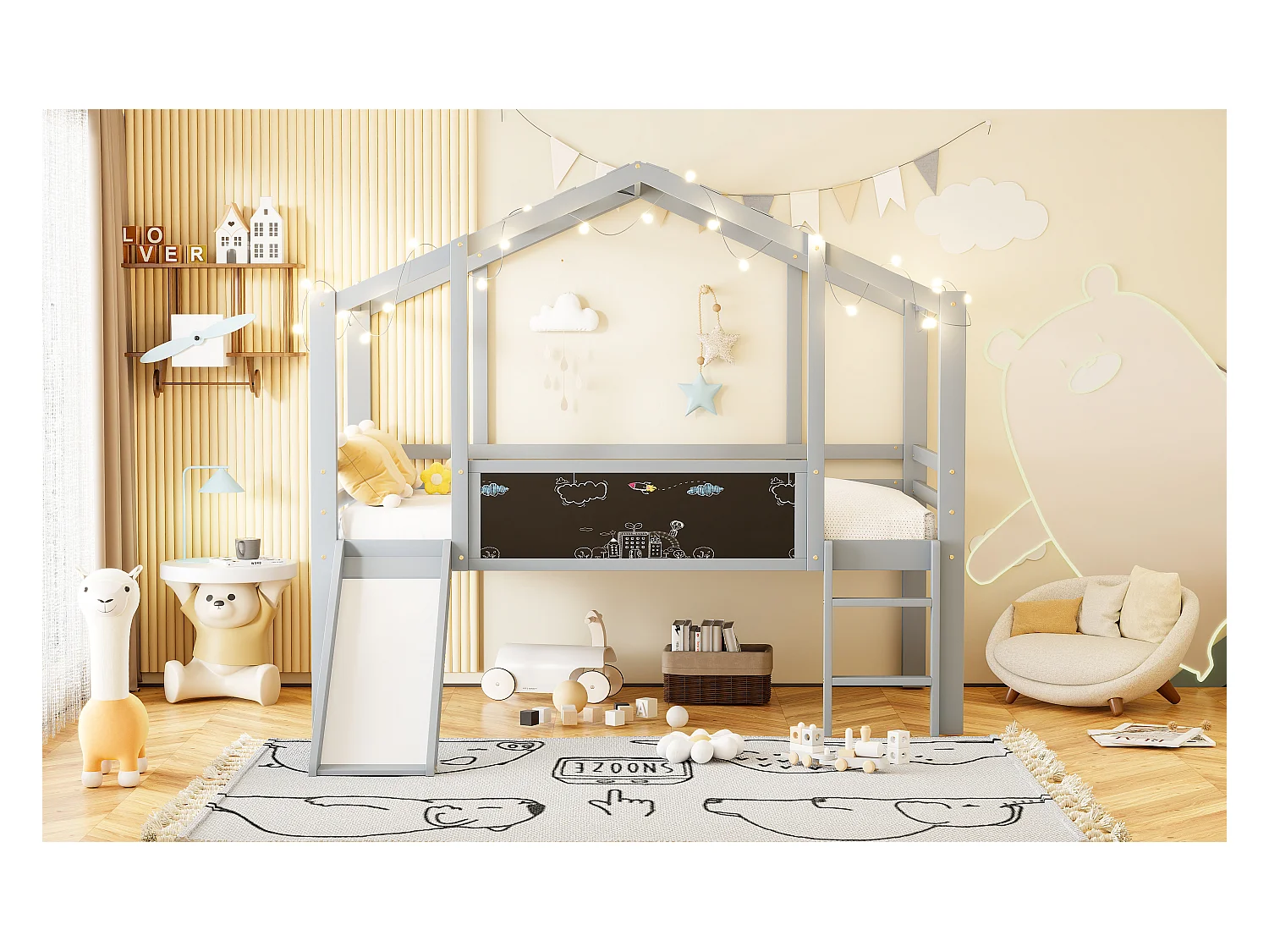 Lit mezzanine pour enfant - 90 x 200 cm - avec échelle de sécurité + toboggan + panneau graffiti - bois - gris