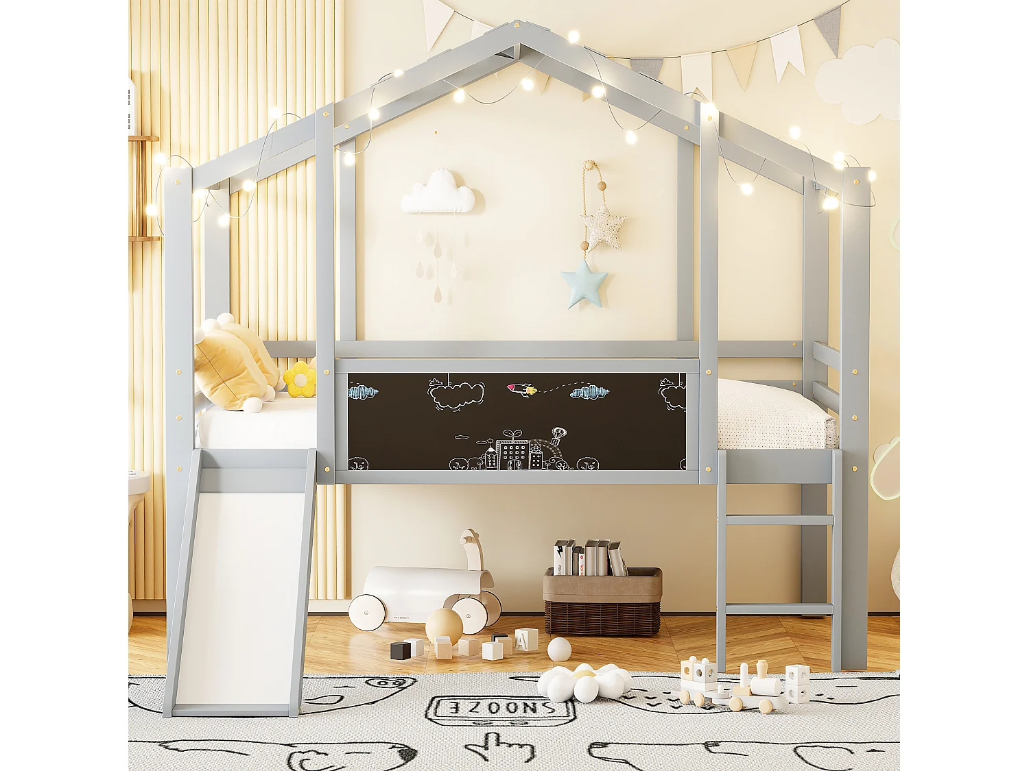 Kinderhoogslaper - 90 x 200 cm - met veiligheidsladder + glijbaan + graffitipaneel - hout - grijs