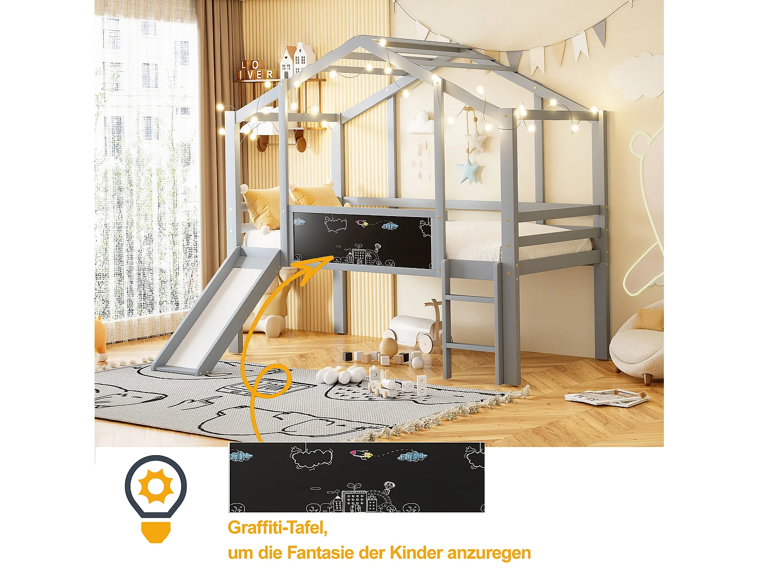 Kinderhoogslaper - 90 x 200 cm - met veiligheidsladder + glijbaan + graffitipaneel - hout - grijs