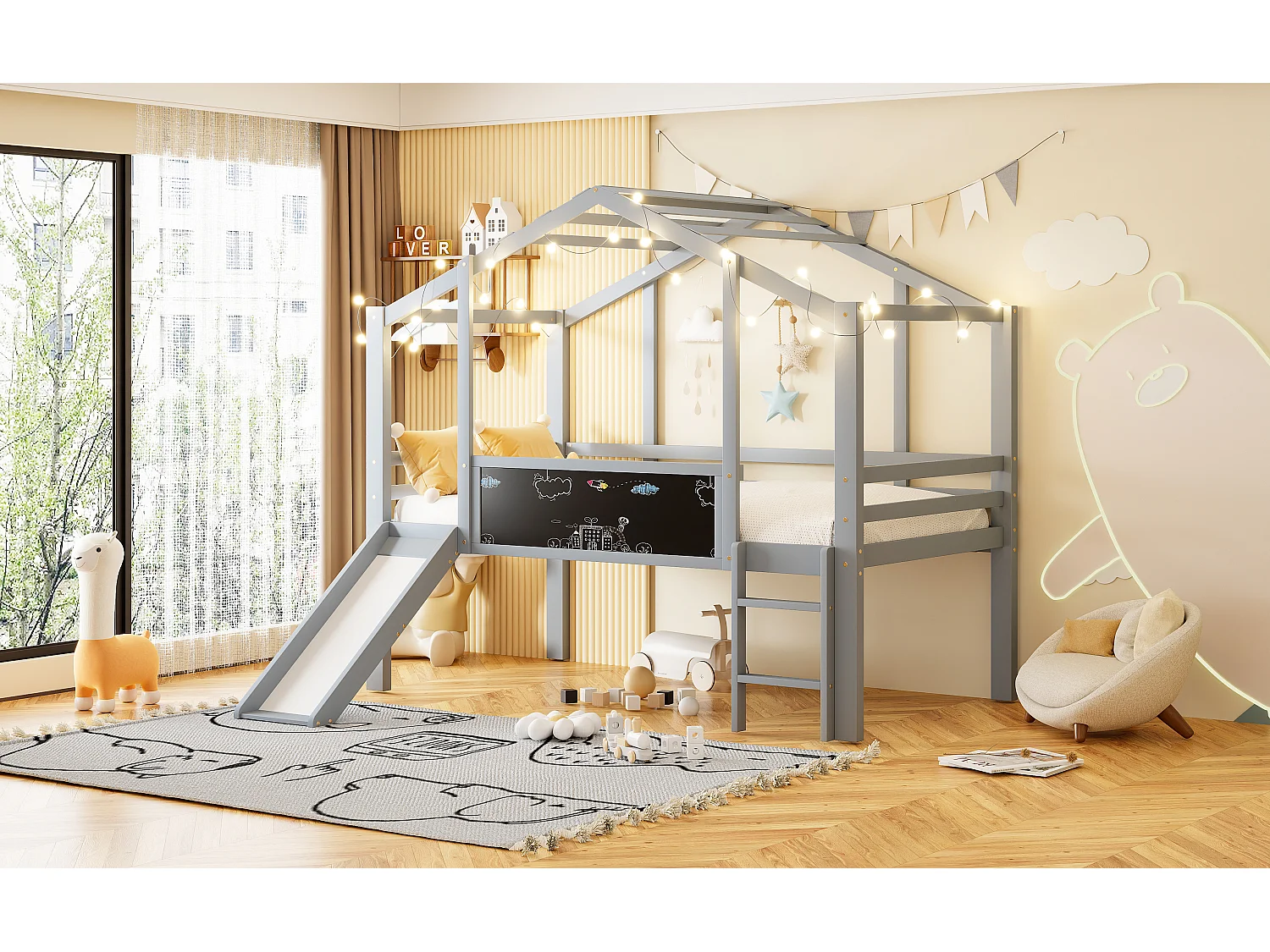 Kinderhoogslaper - 90 x 200 cm - met veiligheidsladder + glijbaan + graffitipaneel - hout - grijs