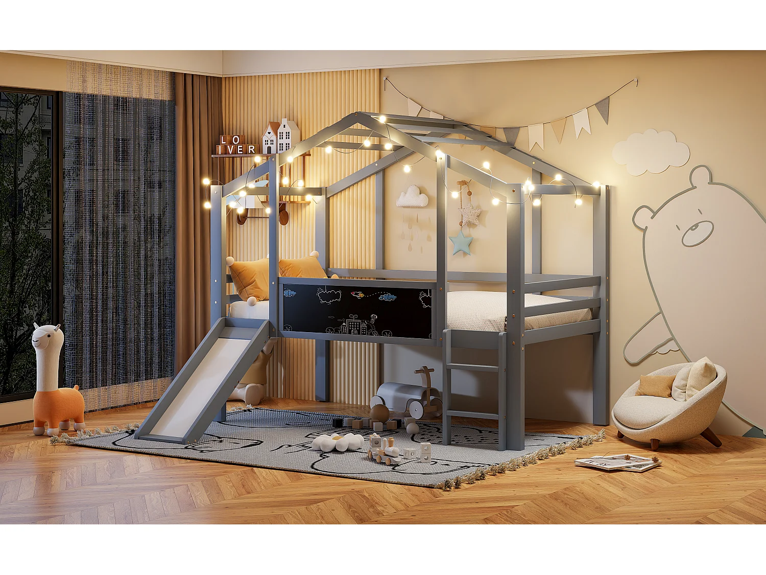 Kinderhoogslaper - 90 x 200 cm - met veiligheidsladder + glijbaan + graffitipaneel - hout - grijs