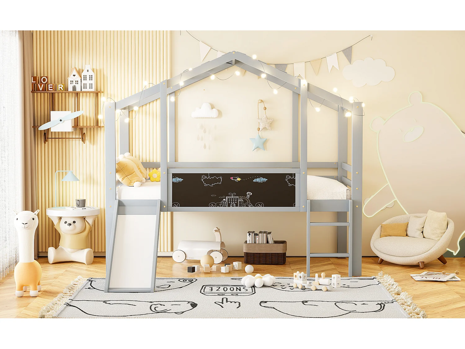 Kinderhoogslaper - 90 x 200 cm - met veiligheidsladder + glijbaan + graffitipaneel - hout - grijs