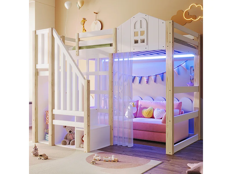 Lit mezzanine enfant - 90 x 200 cm - avec Leds + échelle de rangement - forme fenêtre - bois - blanc + naturel
