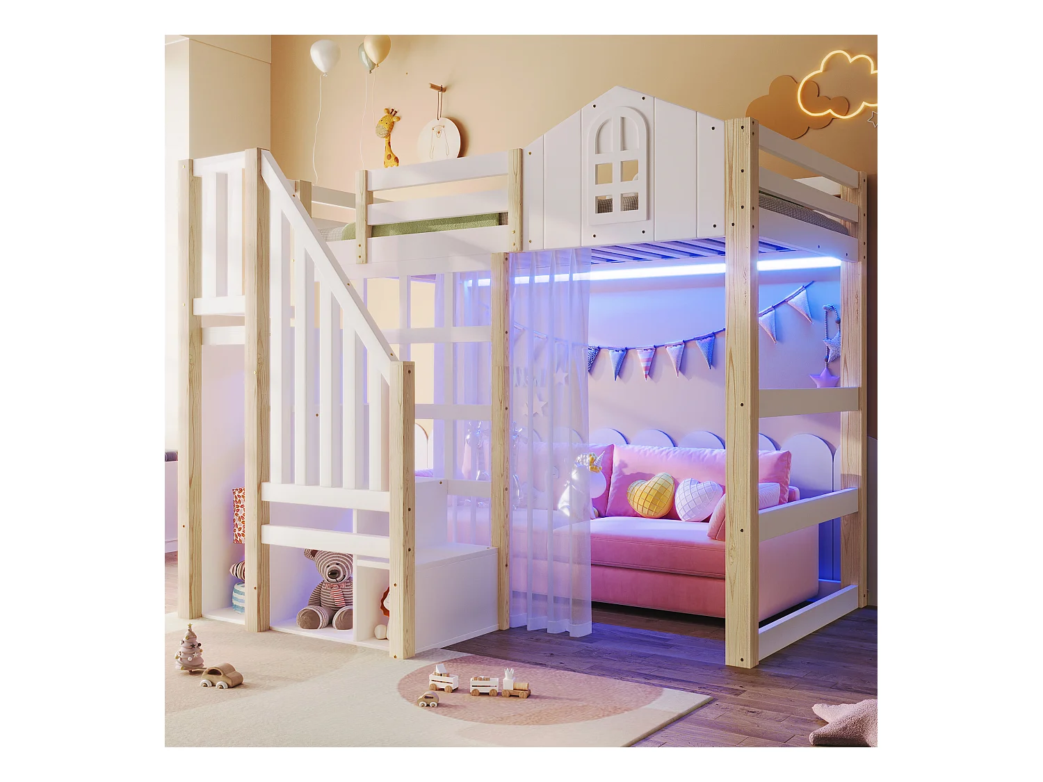 Lit mezzanine enfant - 90 x 200 cm - avec Leds + échelle de rangement - forme fenêtre - bois - blanc + naturel