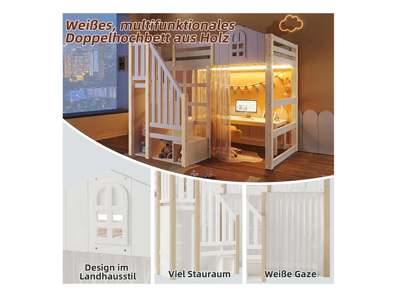 Lit mezzanine enfant - 90 x 200 cm - avec Leds + échelle de rangement - forme fenêtre - bois - blanc + naturel
