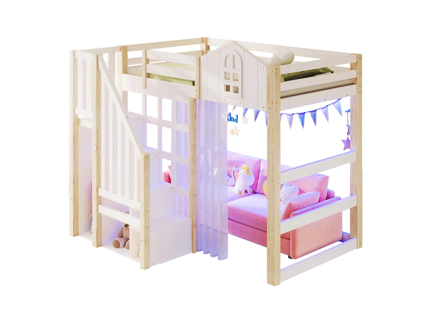 Lit mezzanine enfant - 90 x 200 cm - avec Leds + échelle de rangement - forme fenêtre - bois - blanc + naturel