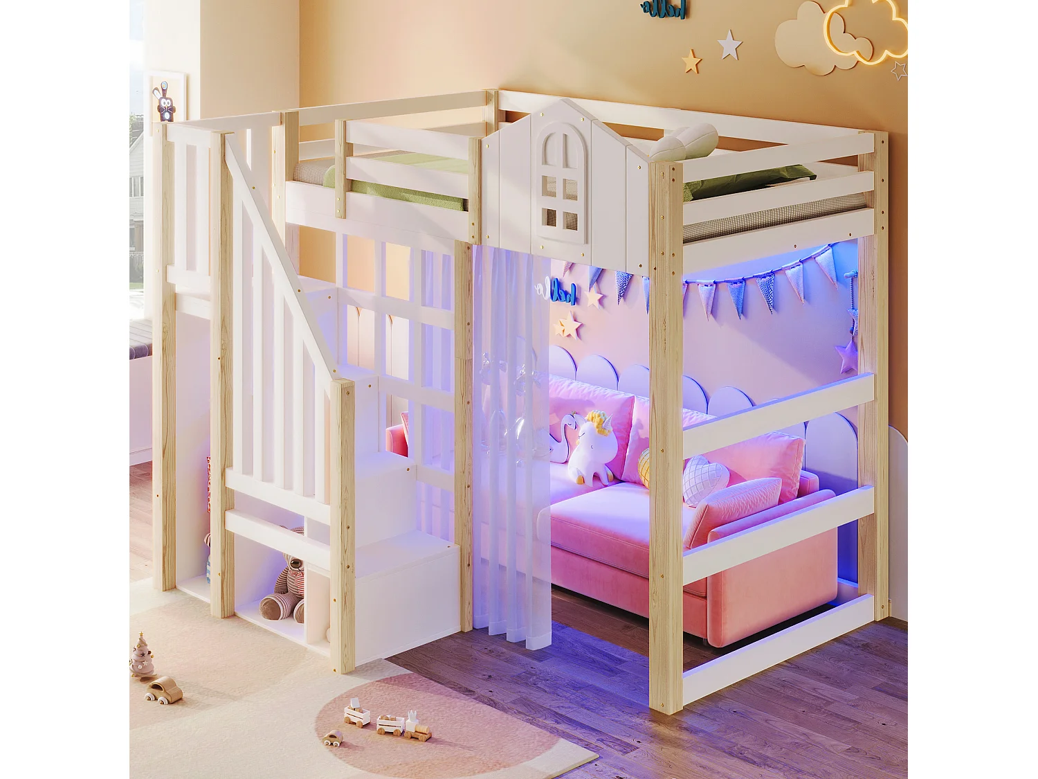 Letto a soppalco per bambini - 90 x 200 cm - con LED + scala contenitore - forma finestra - legno - bianco + naturale