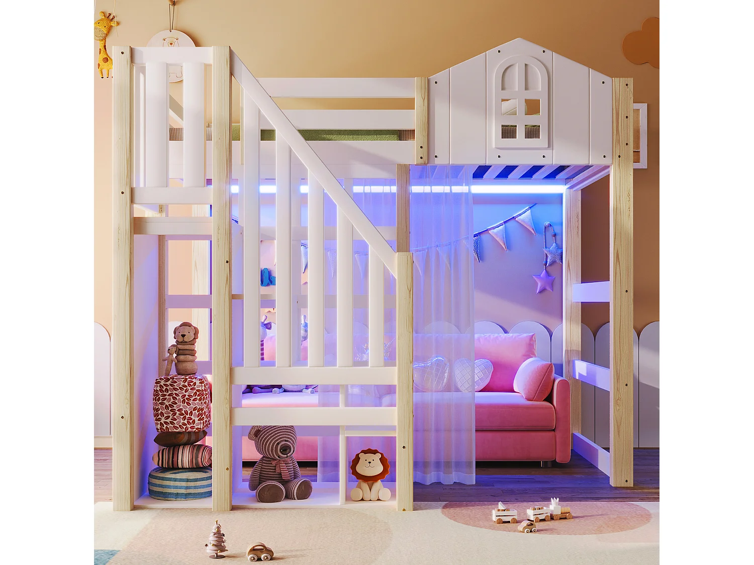 Letto a soppalco per bambini - 90 x 200 cm - con LED + scala contenitore - forma finestra - legno - bianco + naturale