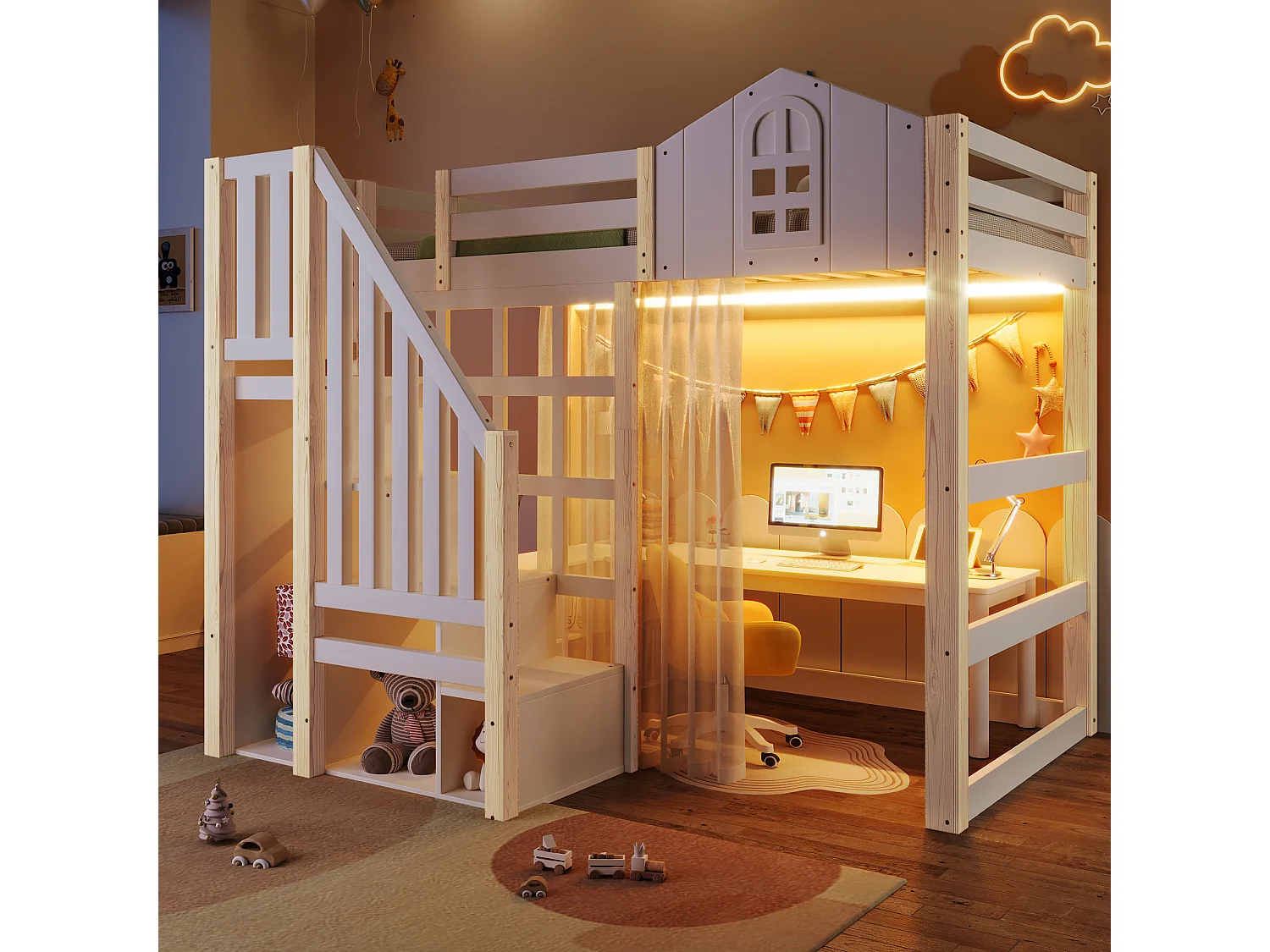 Letto a soppalco per bambini - 90 x 200 cm - con LED + scala contenitore - forma finestra - legno - bianco + naturale
