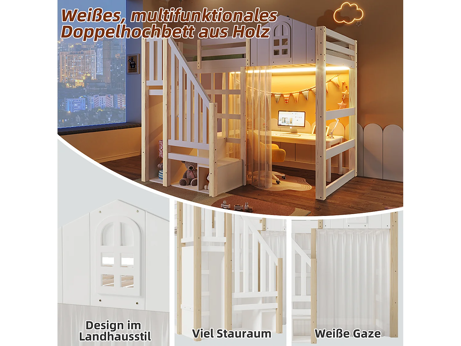 Letto a soppalco per bambini - 90 x 200 cm - con LED + scala contenitore - forma finestra - legno - bianco + naturale